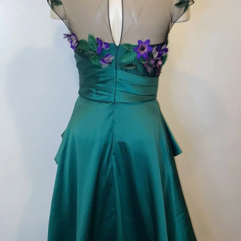 Marchesa notte Silk Embroidered Floral High Low Gown in Green - Picture 4 of 12